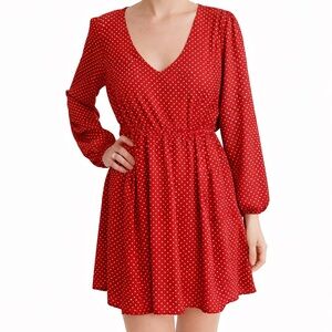 Forever 21 Red Polka Dot Long-Sleeve V-Neck Mini Dress